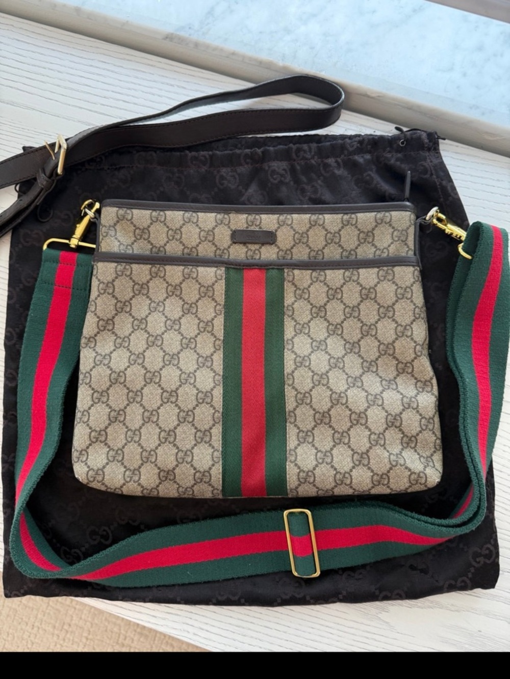 Vintage GUCCI GG Supreme Monogram Web Flat Messenger Bag Dark Brown- Authentic